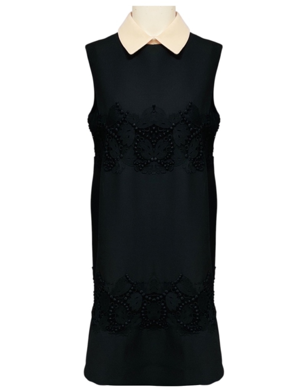 VALENTINO BLACK EMBROIDERED LACE AND MESH TULLE DETAILED SLEEVELESS CREPE DRESS